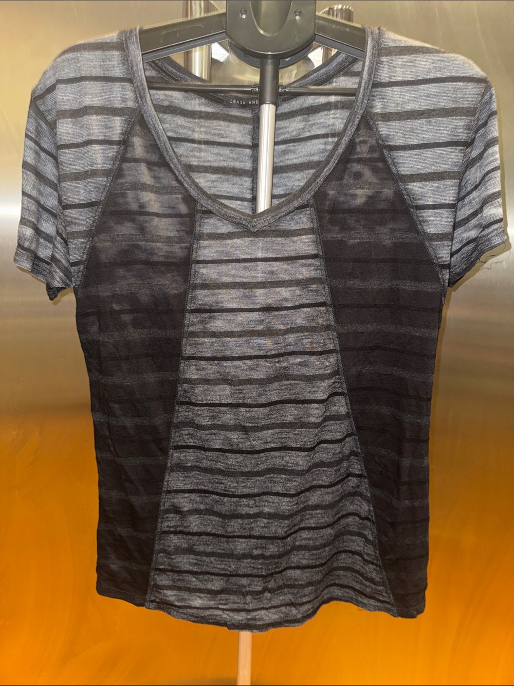 NWOT Crash and Burn Black & Gray Striped V-Neck Women's Top